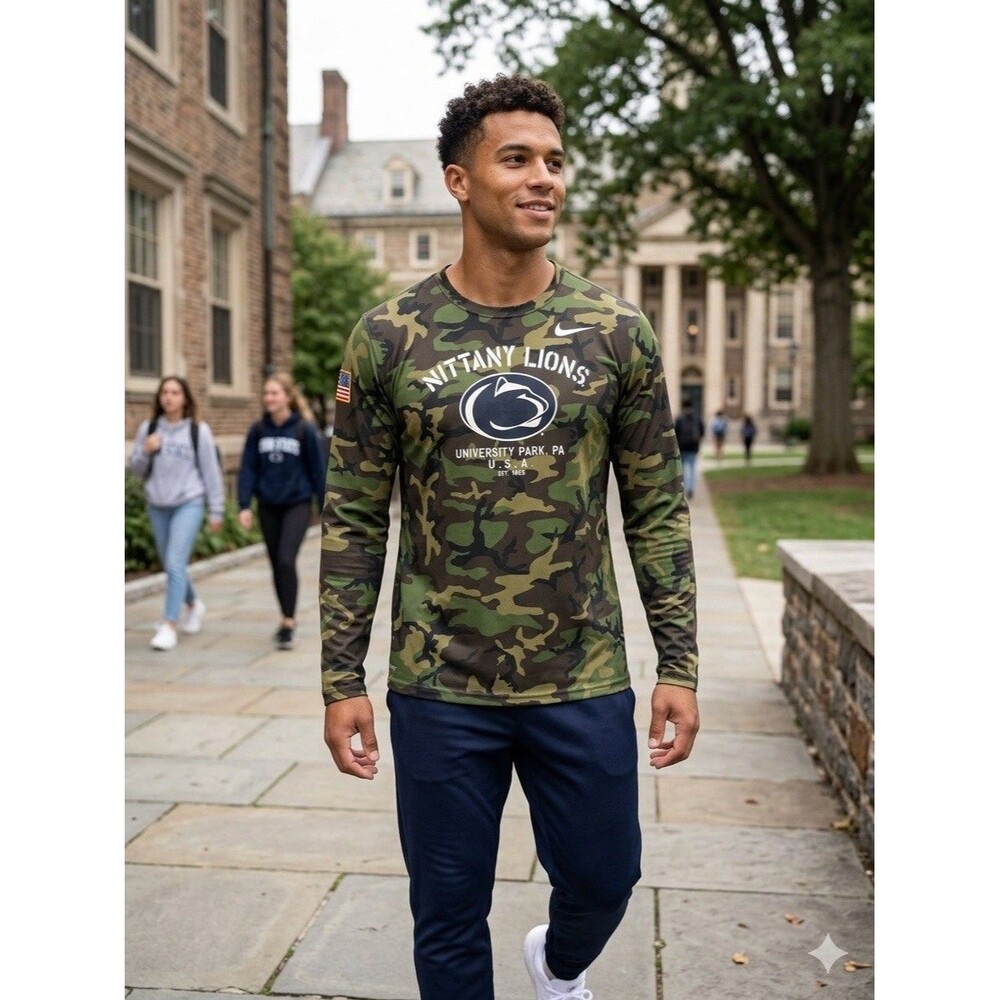 Nike Dri-FIT Penn State Nittany Lions Camo Long Sleeve Shirt Men's XXL USA Flag